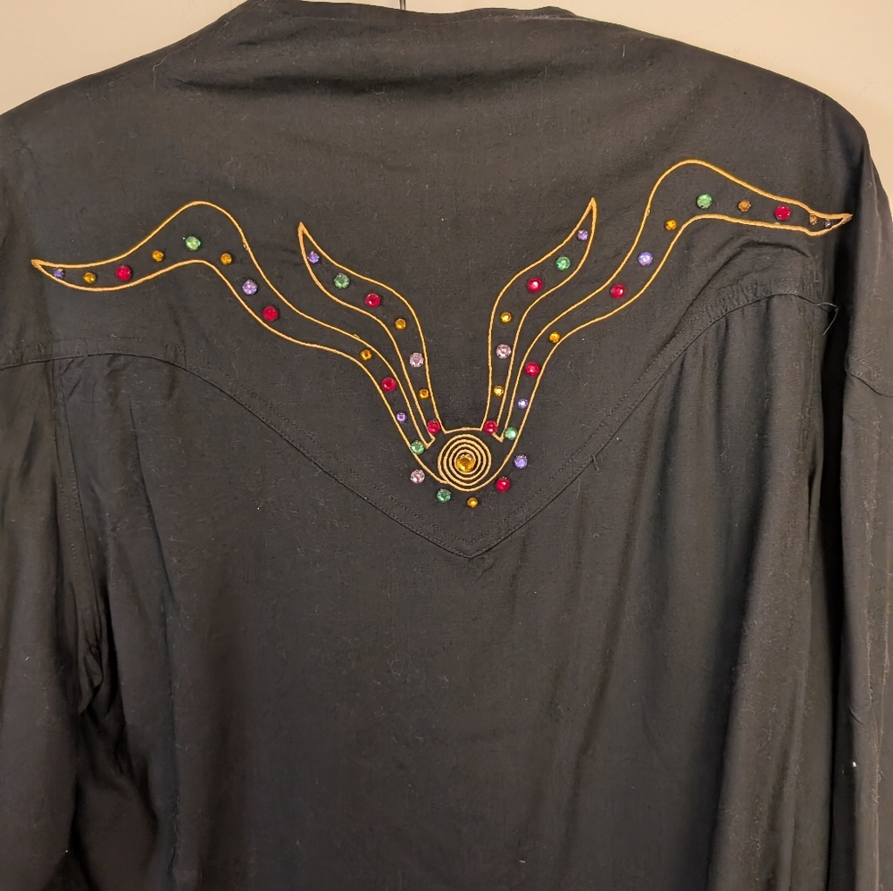 Vintage Western Shirt w rhinestones, gold stitching, Women's Cowgirl Rodeo shirt - Picture 5 of 11